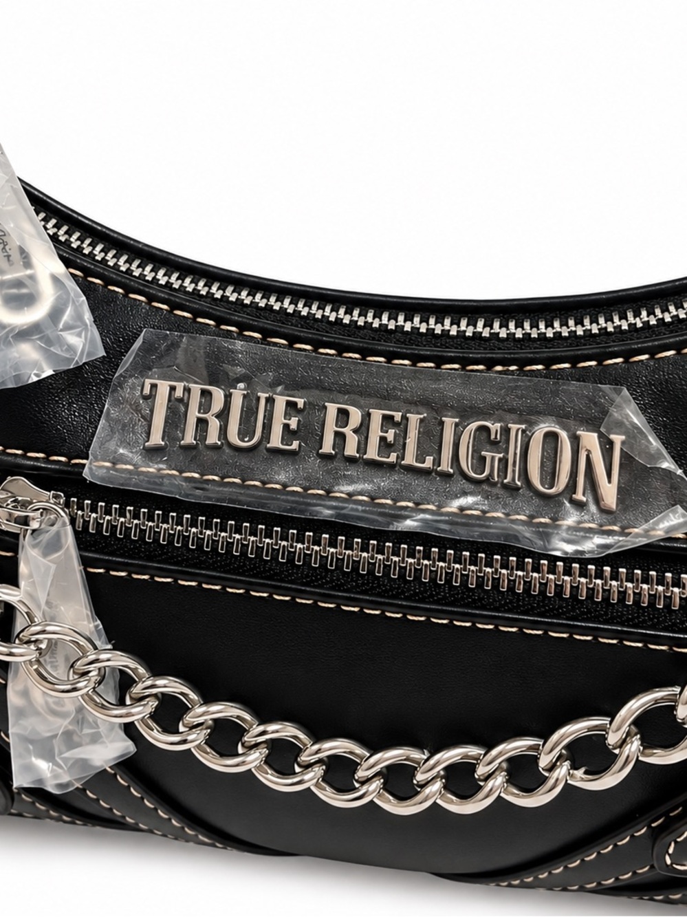 True Religion Black Shoulder Bag with Silver Chain Trim - Picture 2 of 9